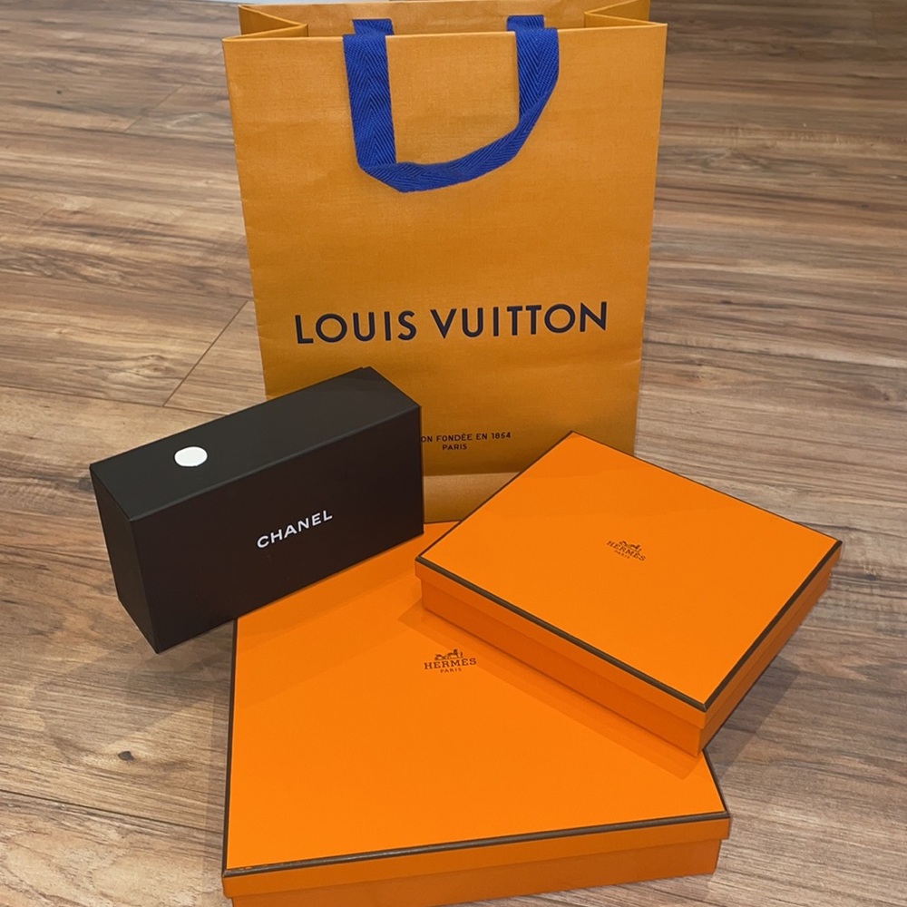 Lv Hermès and Chanel boxes and bags